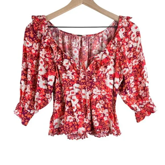 Free People Pink Floral Printed Sweet Memories Ruffled Blouse - Picture 2 of 6